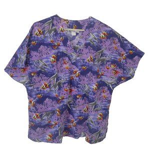 Made in Hawaii Medical Scrub Shirt L tropical fish whale purple cotton vintage